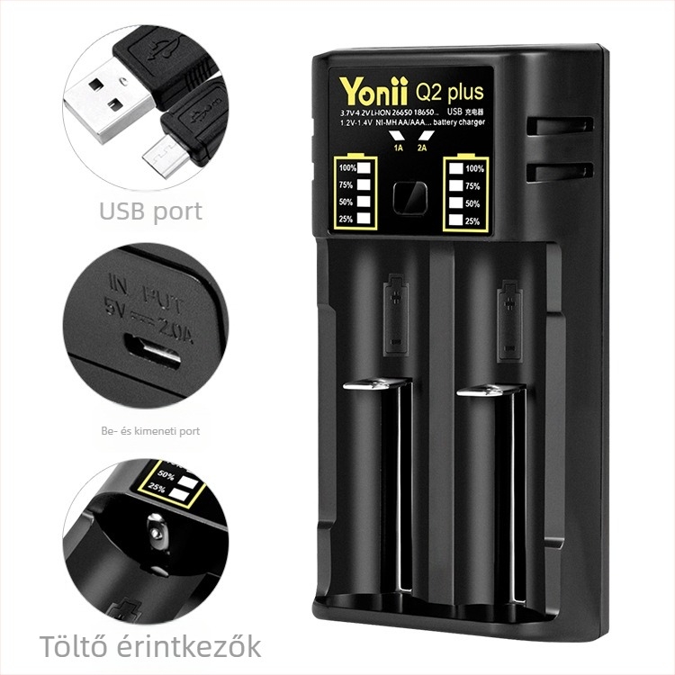 YONII Q2 Plus akkumulátortöltő, bemenet DC5V/1-2A, kimenet DC5V2A