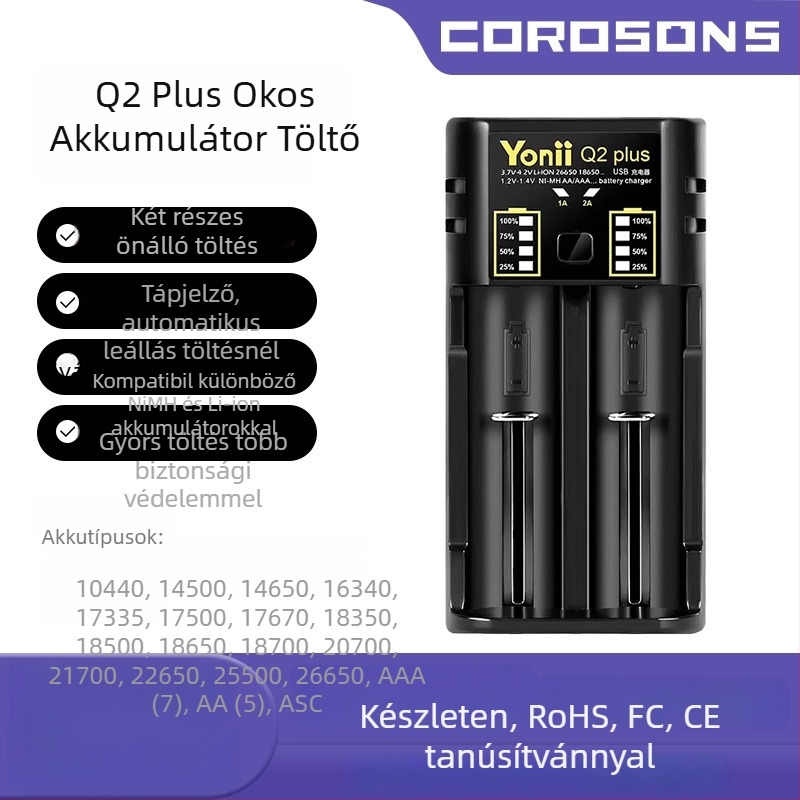 YONII Q2 Plus akkumulátortöltő, bemenet DC5V/1-2A, kimenet DC5V2A