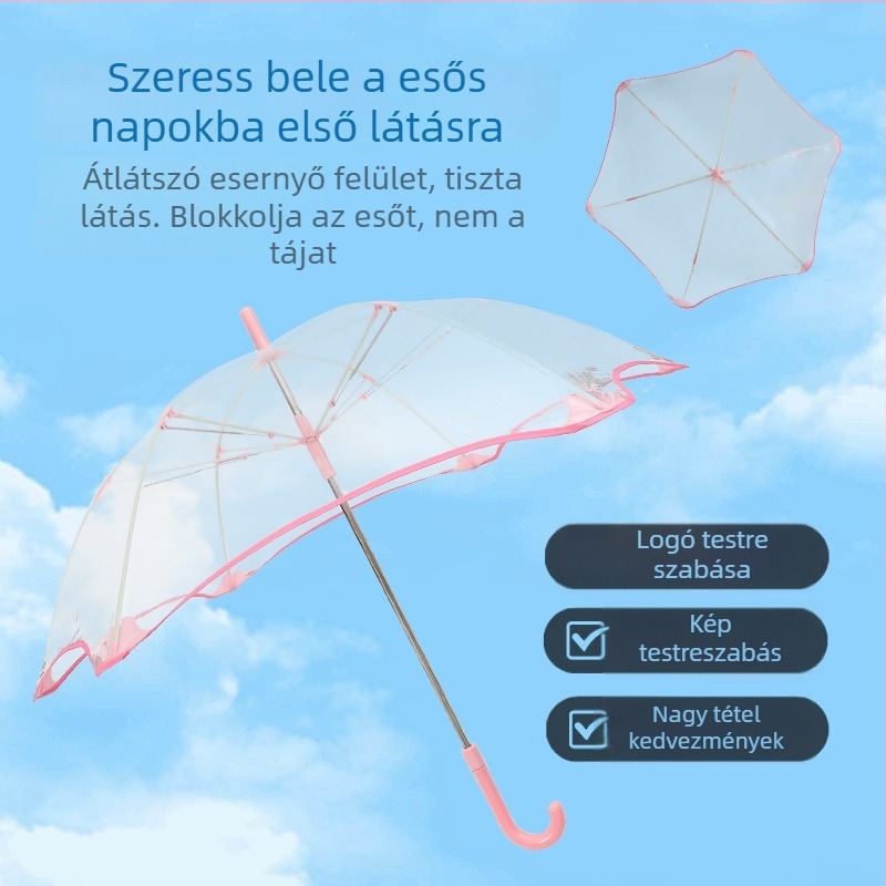 Gyerekeknek szóló automata esernyő, 6 bordás kerettel, rostos vázzal és POE átlátszó borítással