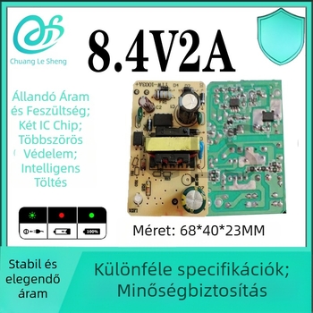 8,4V 2A lítium akkumulátor töltő - csupasz PCB 18650 polimer cellákhoz, 2-soros jelző, beépített tápegység, intelligens töltés