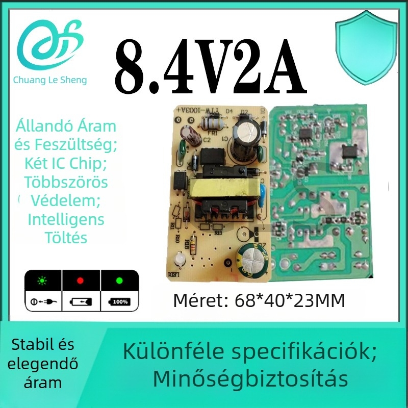 8,4V 2A lítium akkumulátor töltő - csupasz PCB 18650 polimer cellákhoz, 2-soros jelző, beépített tápegység, intelligens töltés