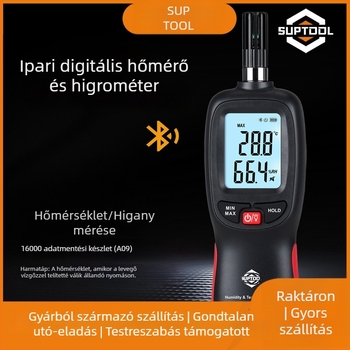 Kézben tartható Bluetooth hőmérő és higrométer digitális kijelzővel — SUPTOOL, AAA-elemre működik, gyár- és laboratóriumi környezetekhez