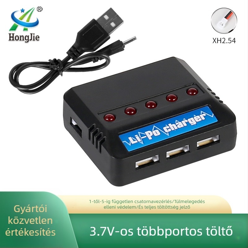 One-to-Five USB töltő 3,7V Li akkumulátorhoz, X5C drónhoz — Bemenet 5V 2–2,5A, Kimenet 4,2V 0,5A, CE