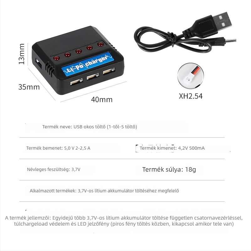 One-to-Five USB töltő 3,7V Li akkumulátorhoz, X5C drónhoz — Bemenet 5V 2–2,5A, Kimenet 4,2V 0,5A, CE