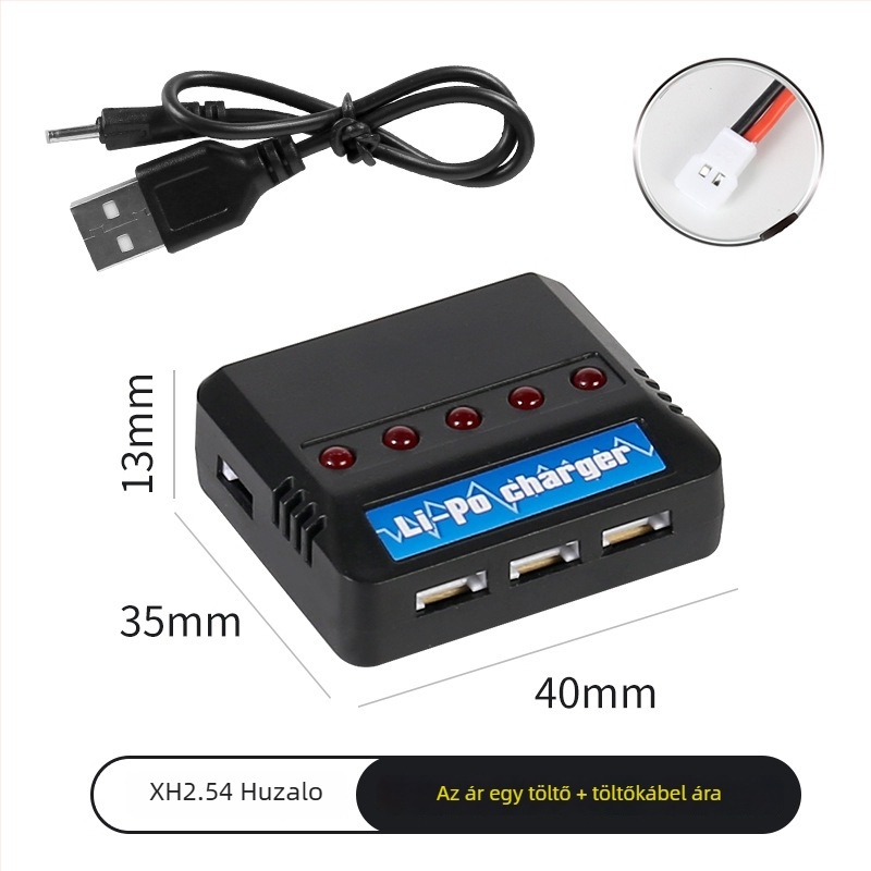One-to-Five USB töltő 3,7V Li akkumulátorhoz, X5C drónhoz — Bemenet 5V 2–2,5A, Kimenet 4,2V 0,5A, CE