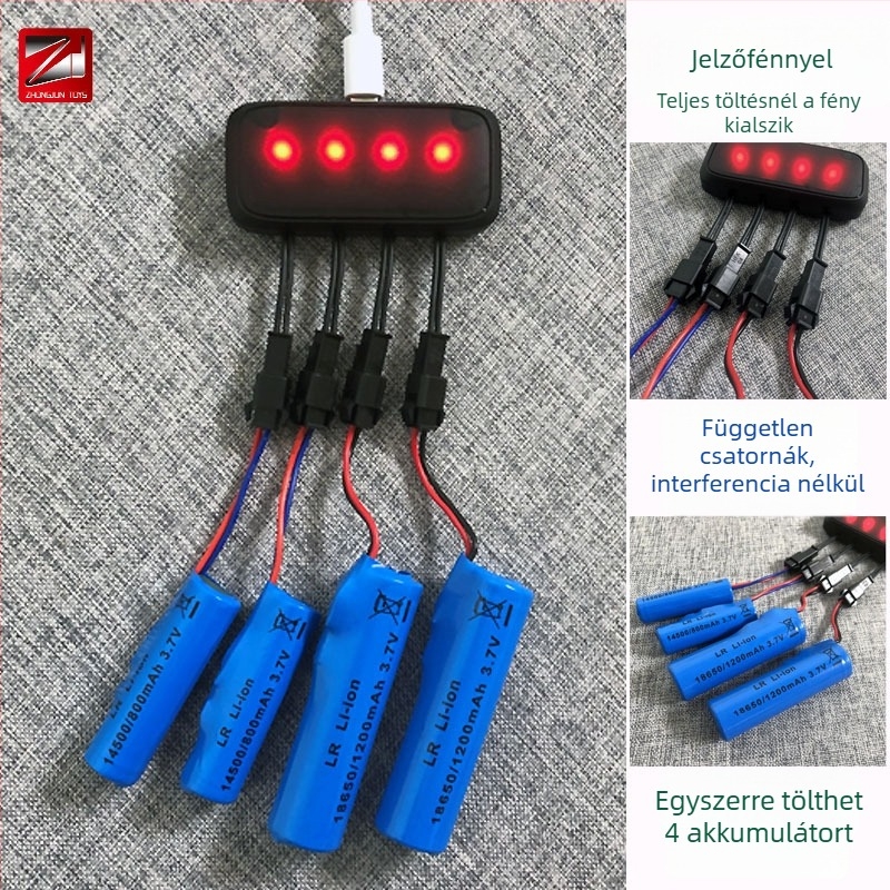 Li-ion akkumulátor töltő 18650/14500, 4-portos többinterfész töltő, bemenet 5V 0,5–2A, töltési áram 250 mA, 3,7V sorozat