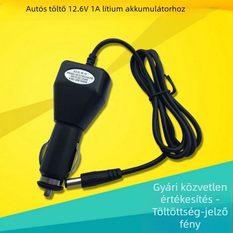 Autó töltő Li-ion akkumulátorhoz, kimenet 12.6V, töltési áram 1A, CE tanúsítvány