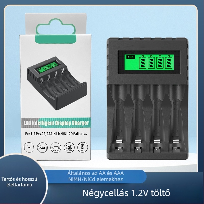 Négyhelyes USB akkumulátor töltő Ni-MH/Ni-Cd AA/AAA cellákhoz LCD kijelzővel, bemenet 5V, 1-2A, kimenet AA 1800mA, AAA 900mA