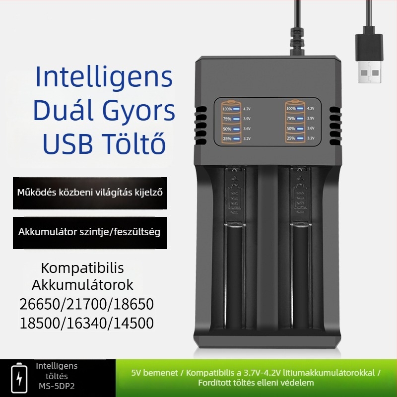 USB kettős töltő Li-ion akkukhoz 18650/21700/26650 | Bemenet DC5.0V, Kimenet DC4.2V-2000mA, USB sorozat, CE tanúsítvány