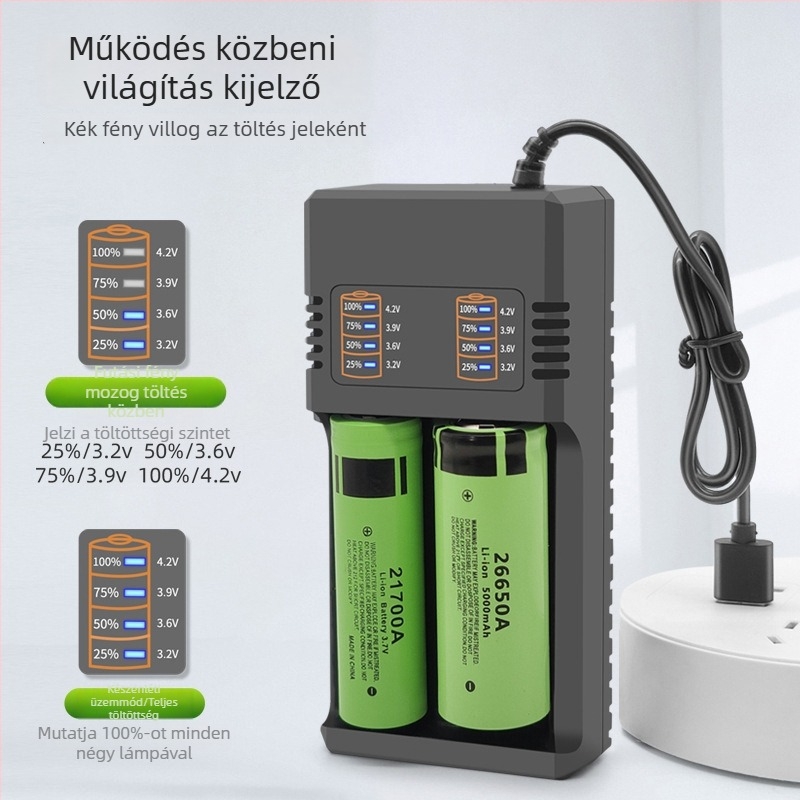 USB kettős töltő Li-ion akkukhoz 18650/21700/26650 | Bemenet DC5.0V, Kimenet DC4.2V-2000mA, USB sorozat, CE tanúsítvány