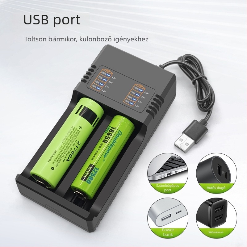 USB kettős töltő Li-ion akkukhoz 18650/21700/26650 | Bemenet DC5.0V, Kimenet DC4.2V-2000mA, USB sorozat, CE tanúsítvány