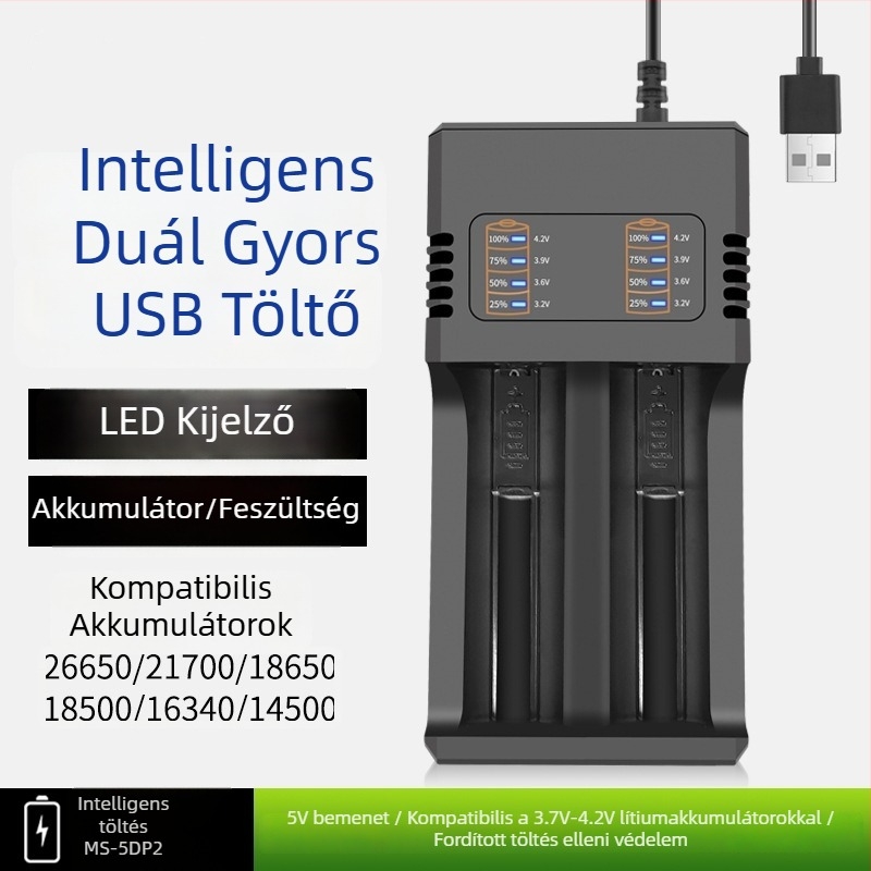 USB kettős töltő Li-ion akkukhoz 18650/21700/26650 | Bemenet DC5.0V, Kimenet DC4.2V-2000mA, USB sorozat, CE tanúsítvány