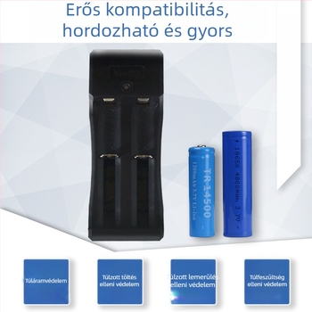 Két rekeszes 18650 Li-ion akkumulátor töltő, összecsukható dugóval, többfunkciós, töltésvédelmi független vezérléssel, bemenet AC100-240V, kimenet DC3.7V 1A