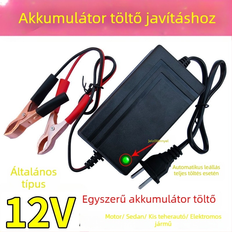 12V akkumulátortöltő autókhoz, könnyű teherautókhoz, sedanokhoz és motorkerékpárokhoz — intelligens gyors töltő, univerzális