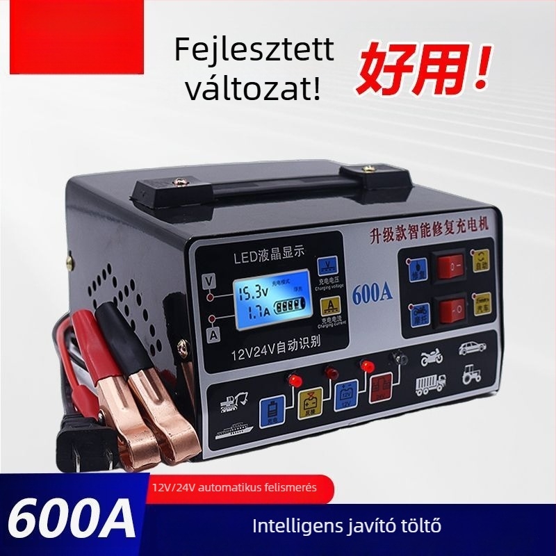 12V/24V töltő autókhoz és motorkerékpárokhoz, nagy teljesítményű, automatikus kikapcsolás