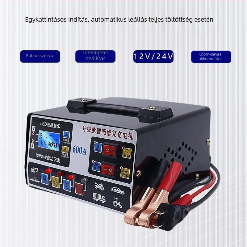 12V/24V töltő autókhoz és motorkerékpárokhoz, nagy teljesítményű, automatikus kikapcsolás