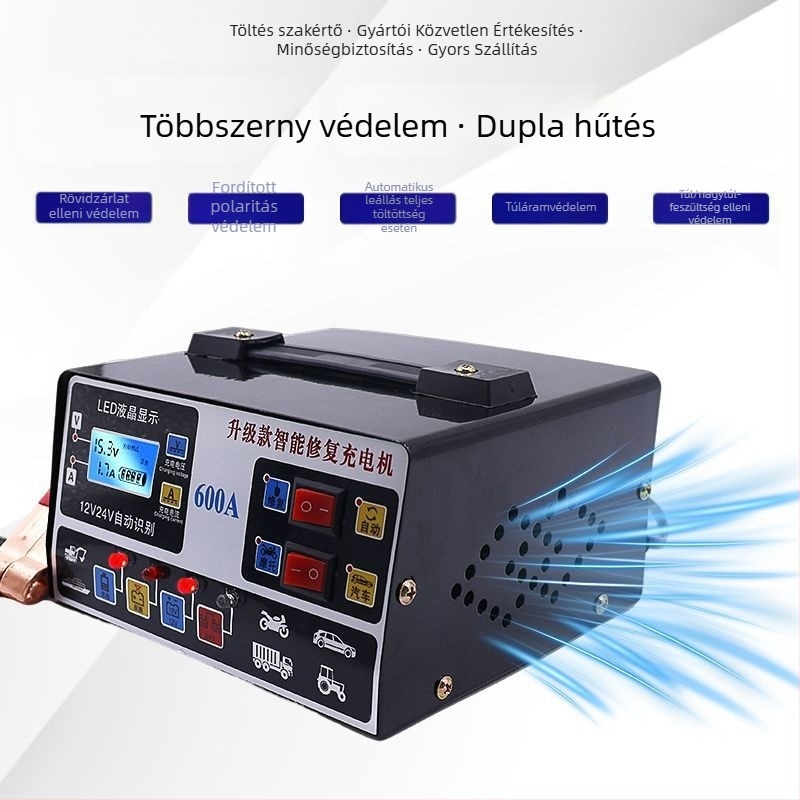 12V/24V töltő autókhoz és motorkerékpárokhoz, nagy teljesítményű, automatikus kikapcsolás
