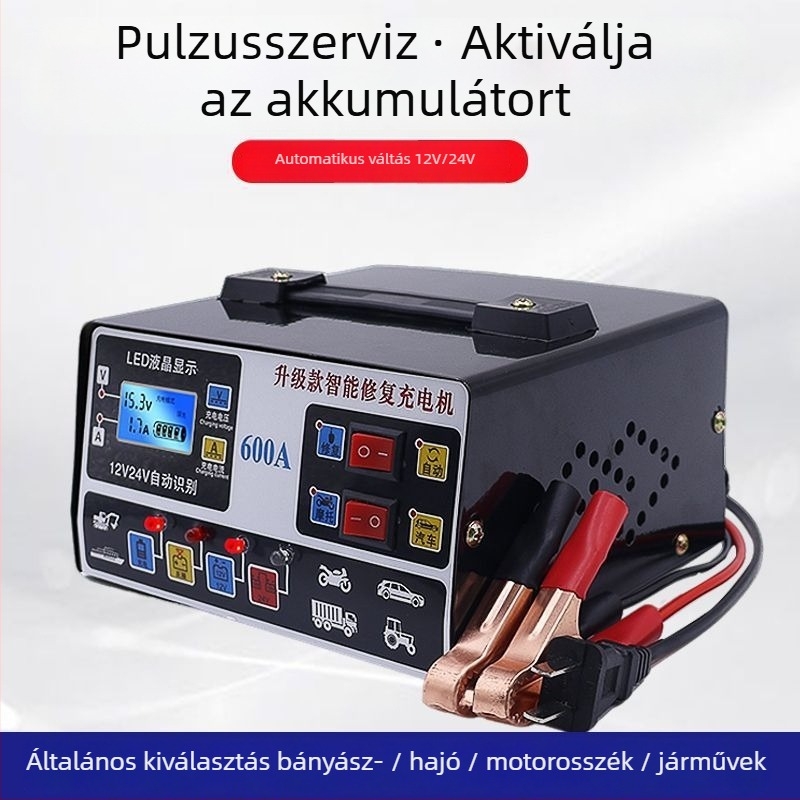 12V/24V töltő autókhoz és motorkerékpárokhoz, nagy teljesítményű, automatikus kikapcsolás