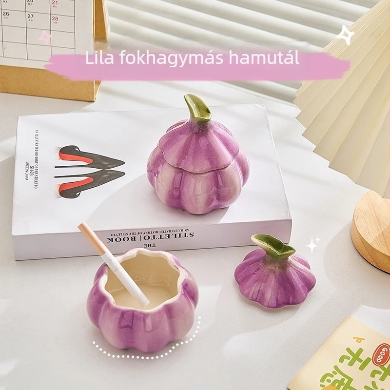 Kerámiából készült hamutál fedővel, fokhagyma motívum, skandináv minimalist stílus, logónyomtatás elérhető, 112 darabos csomag