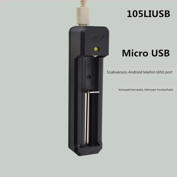 Egyrekeszes Li-ion akkumulátor töltő, USB 5V bemenet, kompatibilis 18650/10400/14500/16340, kimenet 4.2V 0.5A, 3.7V névleges