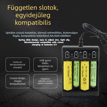 Négy rekesz USB-töltő Ni-MH/Ni-Cd akkukhoz No.5/No.7, bemenet 5V, kimenet 1.2V, töltőáram 250 mA