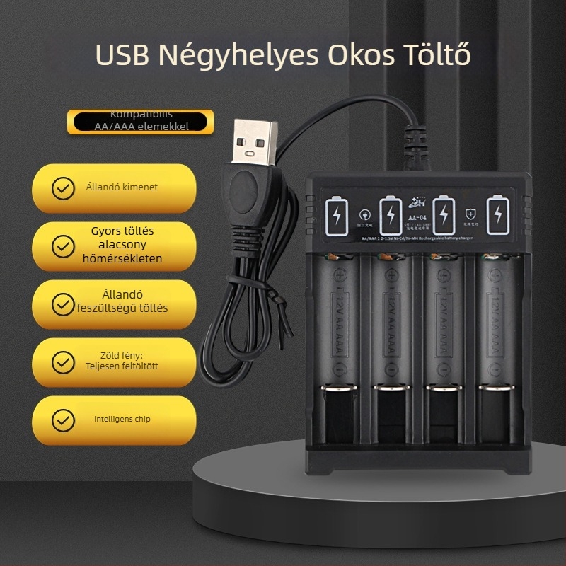 Négy rekesz USB-töltő Ni-MH/Ni-Cd akkukhoz No.5/No.7, bemenet 5V, kimenet 1.2V, töltőáram 250 mA