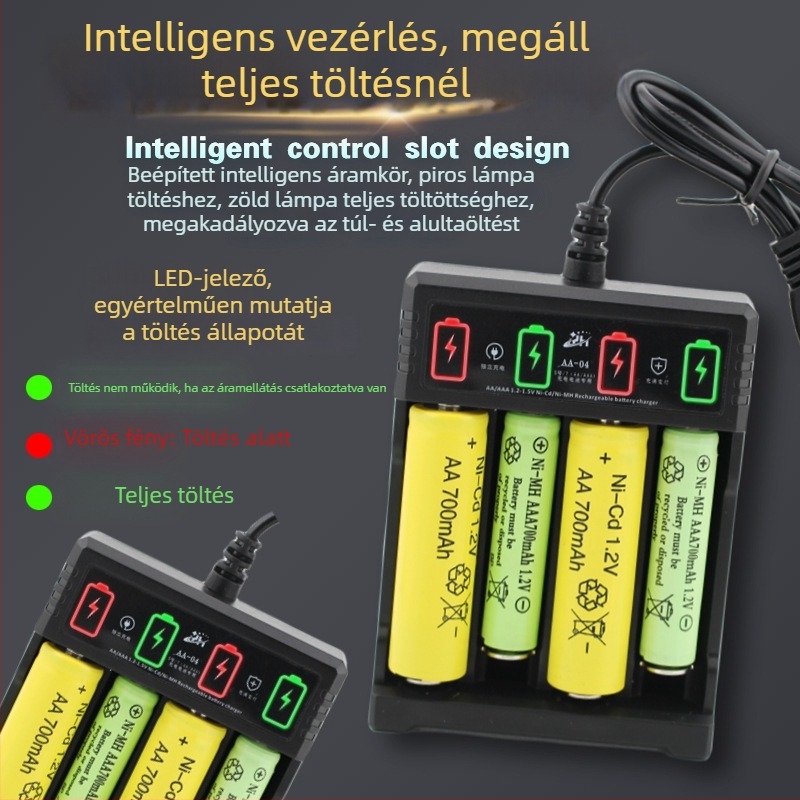 Négy rekesz USB-töltő Ni-MH/Ni-Cd akkukhoz No.5/No.7, bemenet 5V, kimenet 1.2V, töltőáram 250 mA