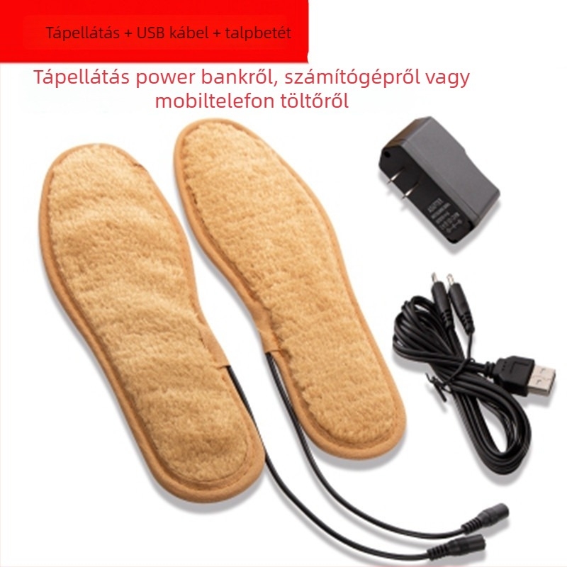 USB‑töltésű elektromos fűtésű papucs, állítható hőmérséklettel és fűtőtalppal, bőr felsőrésszel