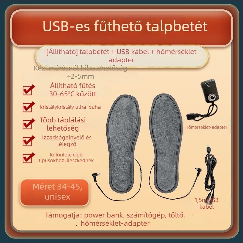 USB‑töltésű elektromos fűtésű papucs, állítható hőmérséklettel és fűtőtalppal, bőr felsőrésszel