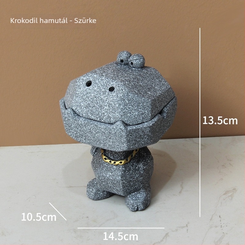 Krokodil formájú hamutál műgyantából, fedővel – szélálló, dekoratív kiegészítő otthonra és az irodába