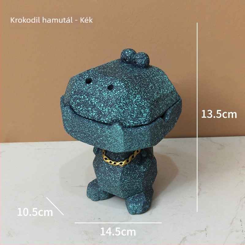 Krokodil formájú hamutál műgyantából, fedővel – szélálló, dekoratív kiegészítő otthonra és az irodába