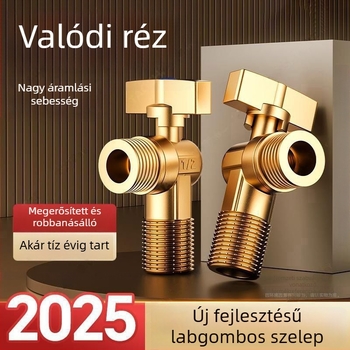 Réz anyagú 3-útas szögletes szelep gáz-vízmelegítőhöz, meleg/hideg víz szabályozás, modell 5612, gombos szerelés, 0-0.9 MPa, 120 g