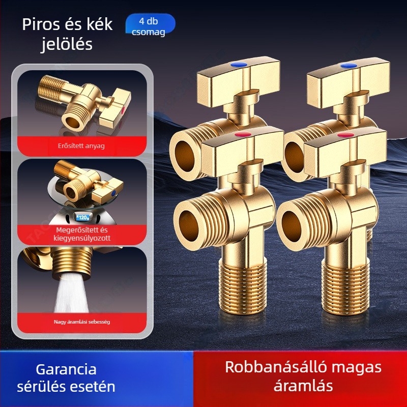 Réz anyagú 3-útas szögletes szelep gáz-vízmelegítőhöz, meleg/hideg víz szabályozás, modell 5612, gombos szerelés, 0-0.9 MPa, 120 g