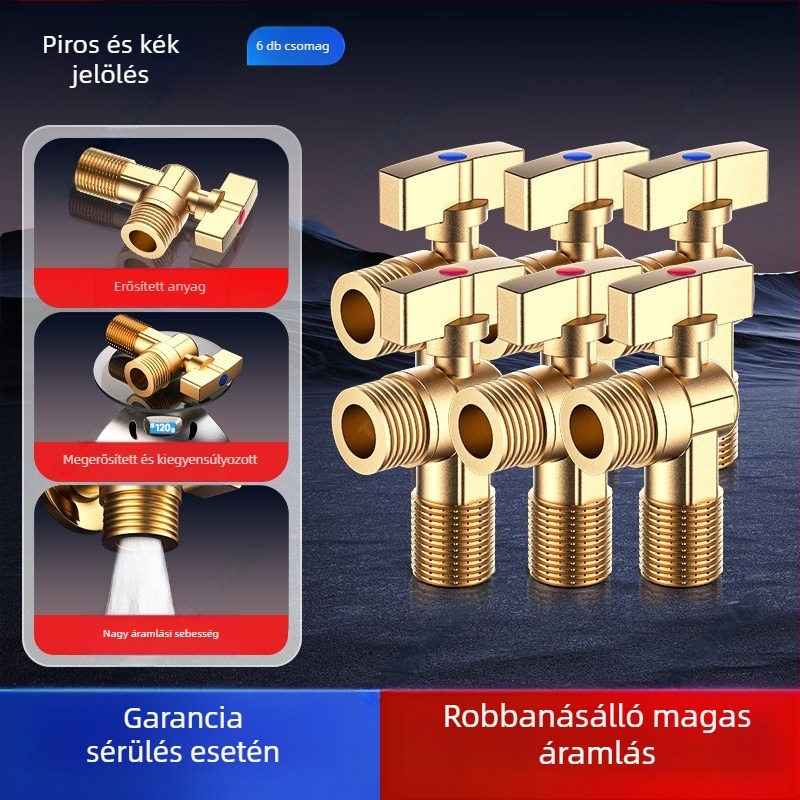 Réz anyagú 3-útas szögletes szelep gáz-vízmelegítőhöz, meleg/hideg víz szabályozás, modell 5612, gombos szerelés, 0-0.9 MPa, 120 g