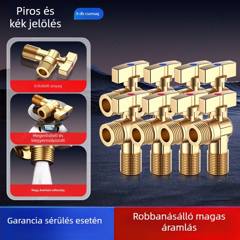 Réz anyagú 3-útas szögletes szelep gáz-vízmelegítőhöz, meleg/hideg víz szabályozás, modell 5612, gombos szerelés, 0-0.9 MPa, 120 g