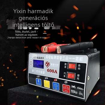 Autó akkumulátor töltő 12V/24V – univerzális, intelligens, impulzusos javító motorral; sorozat YX-SD001D; bemenet AC110-220V; kimenet 12V 4A; kompatibilis akkumulátorhoz