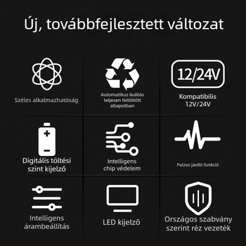 Autó akkumulátor töltő 12V/24V – univerzális, intelligens, impulzusos javító motorral; sorozat YX-SD001D; bemenet AC110-220V; kimenet 12V 4A; kompatibilis akkumulátorhoz