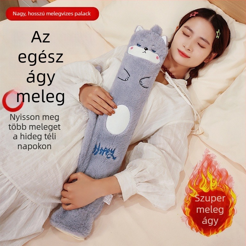 Hosszú plüss melegvíz-tasak vízzel töltve, hosszú melegítő ágymelegítő párnával oldalsó alváshoz és kézmelegítéshez