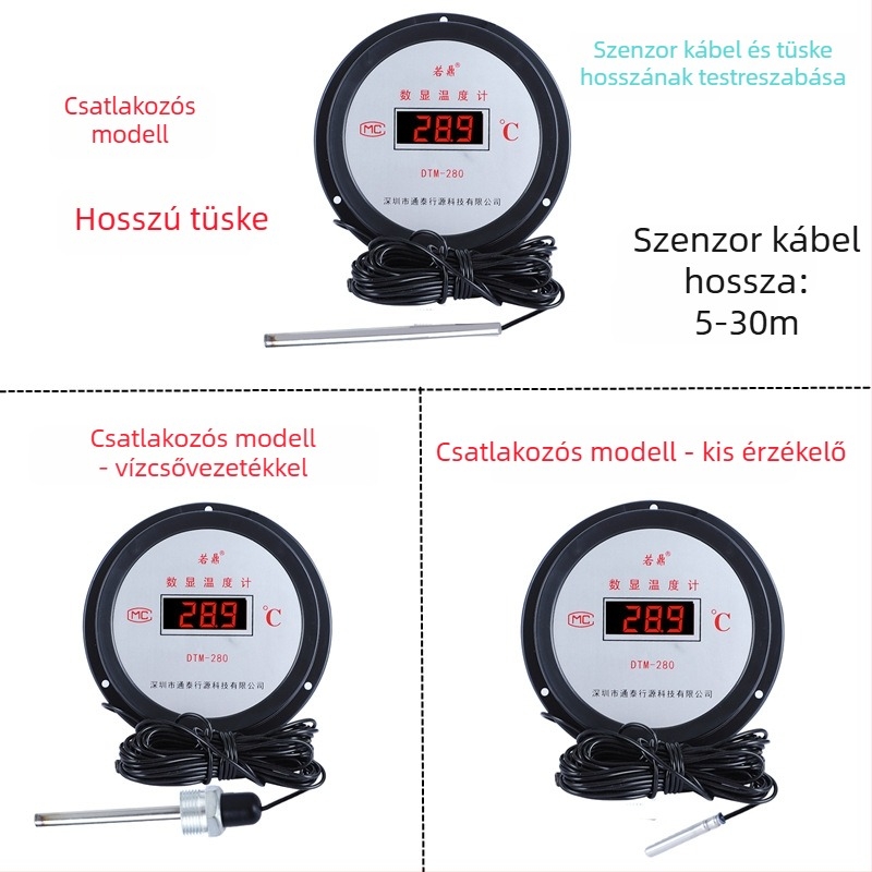 Digitális hőmérő hosszú szondával akvakultúra, tavak és üvegházak számára — -50°C-tól +200°C-ig, 1°C felbontás, 5–30 m hosszú szonda.