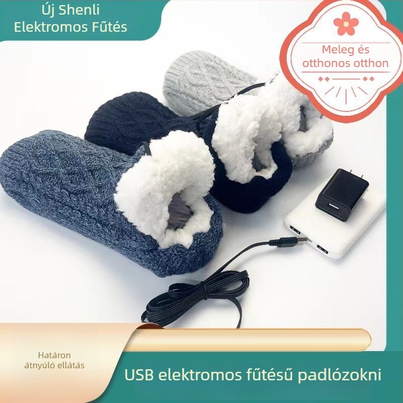 USB‑tápellátású fűtött papucs otthonra, kockás mintázatú téli beltéri lábmelegítő