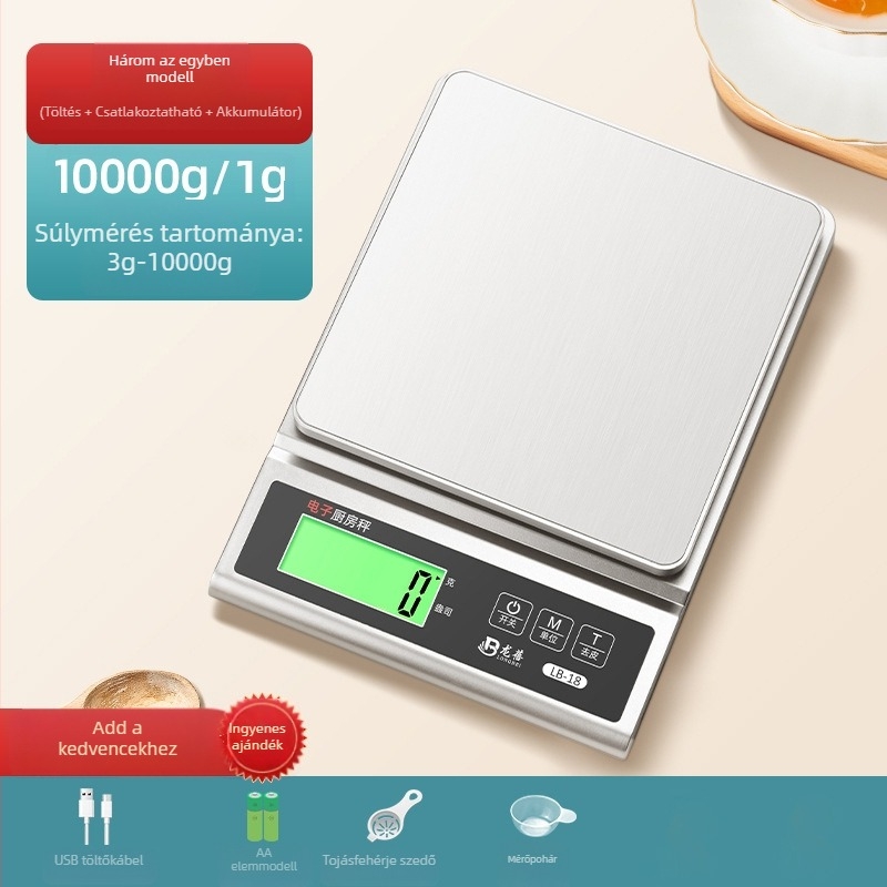 Longbei LB-18 konyhai mérleg, mérési tartomány 0,5 g–3 kg, elektronikus, USB töltés vagy 2 db száraz elem