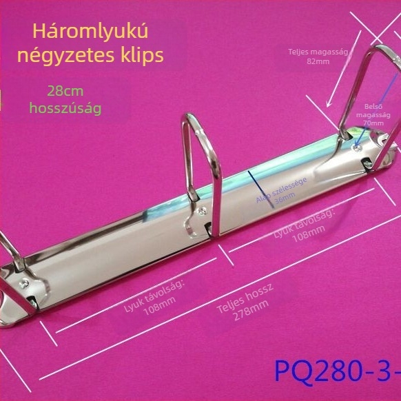 3-lyukas Q- alakú dokumentumcsipesz, fém, modell PQ280-3-65/36, A4-formátum, kartoncsomagolás