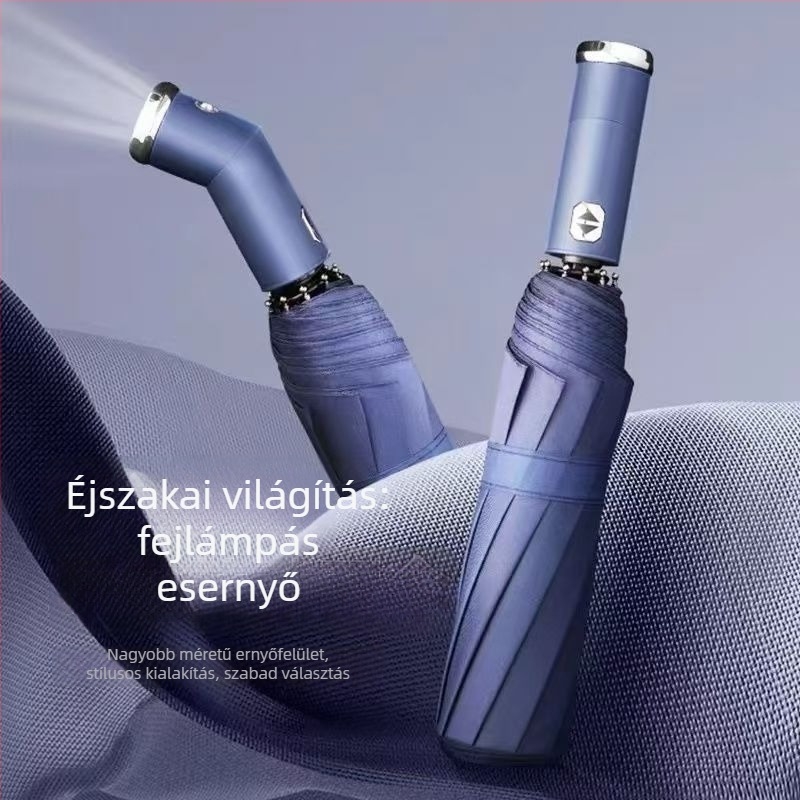 LED zseblámpa és esernyő – automata nyitás, kettős használat, szélálló, UV-védelem UPF50+, összecsukható