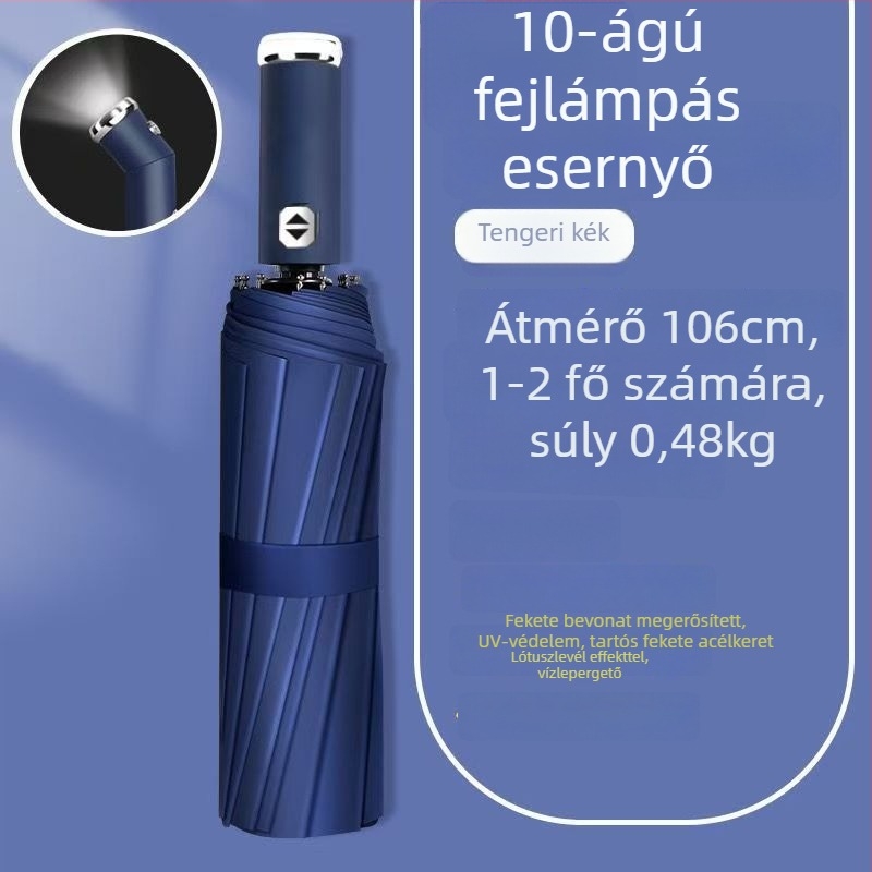 LED zseblámpa és esernyő – automata nyitás, kettős használat, szélálló, UV-védelem UPF50+, összecsukható