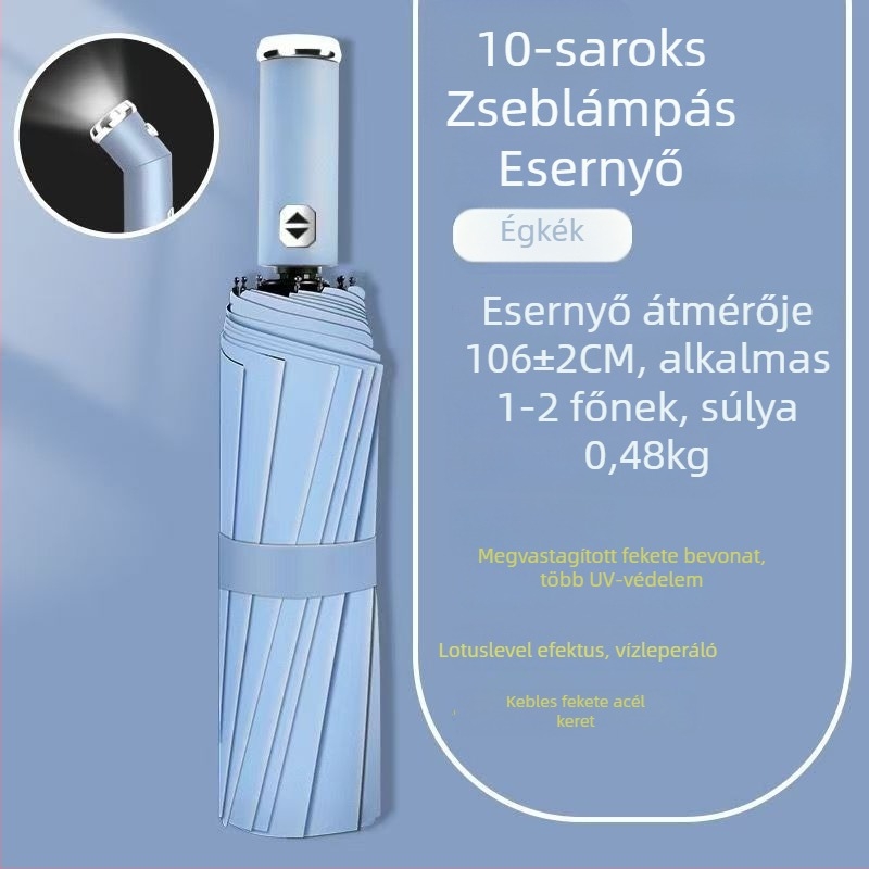 LED zseblámpa és esernyő – automata nyitás, kettős használat, szélálló, UV-védelem UPF50+, összecsukható