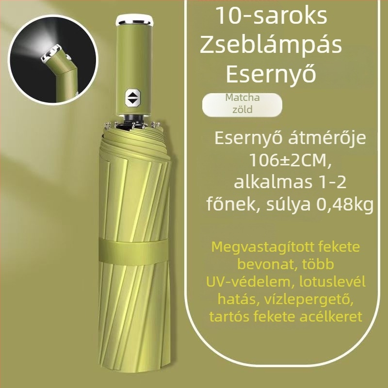 LED zseblámpa és esernyő – automata nyitás, kettős használat, szélálló, UV-védelem UPF50+, összecsukható