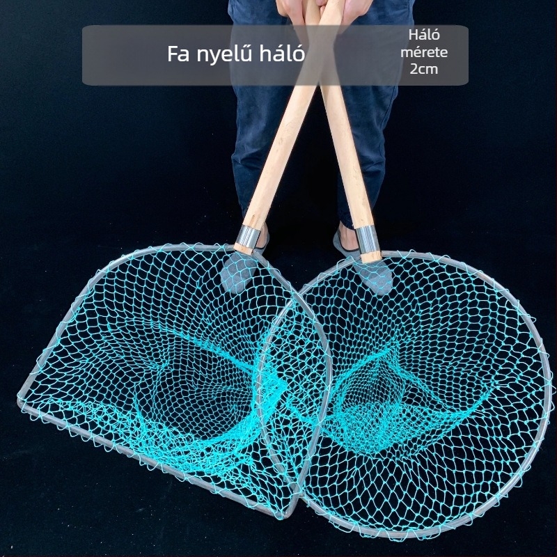 Fa nyelű halászháló nagy szemmel, kilencszálas vastag huzal, 50 cm hosszú nyél, 35 cm átmérőjű gyűrű