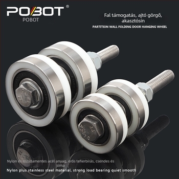 65-ös típusú univerzális emelő görgő sínes ajtókhoz és hotel válaszfalakhoz – OD 46 mm, tengely Ø11 mm, teherbírás max. 150 kg, anyagok: rozsdamentes acél, nylon és alumínium, OEM logó