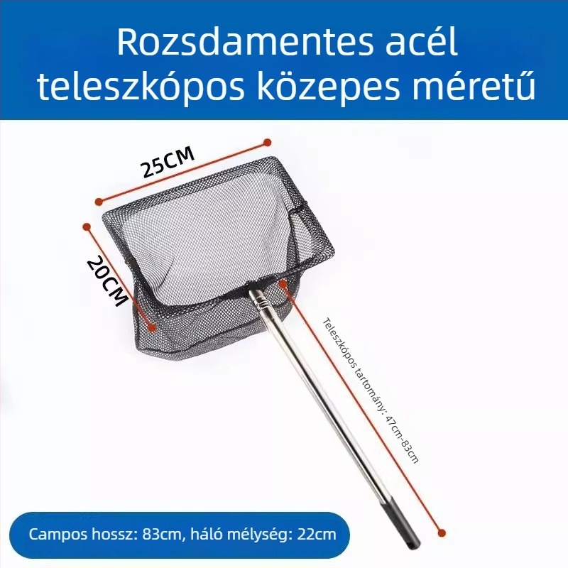 Rozsdamentes acélból készült négyzet alakú akváriumi háló, kihúzható nyéllel, díszhalak és dekoratív halak számára