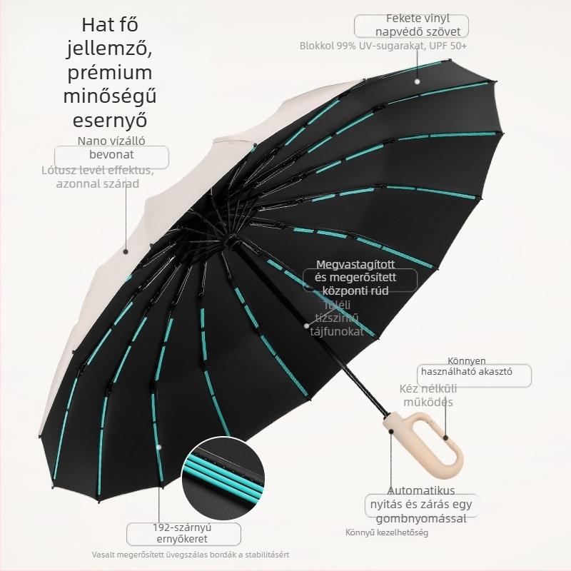 16 bordás esernyő, automata nyitás-zárás, UV védelem, nap és eső kettős használat, logó nyomtatás.